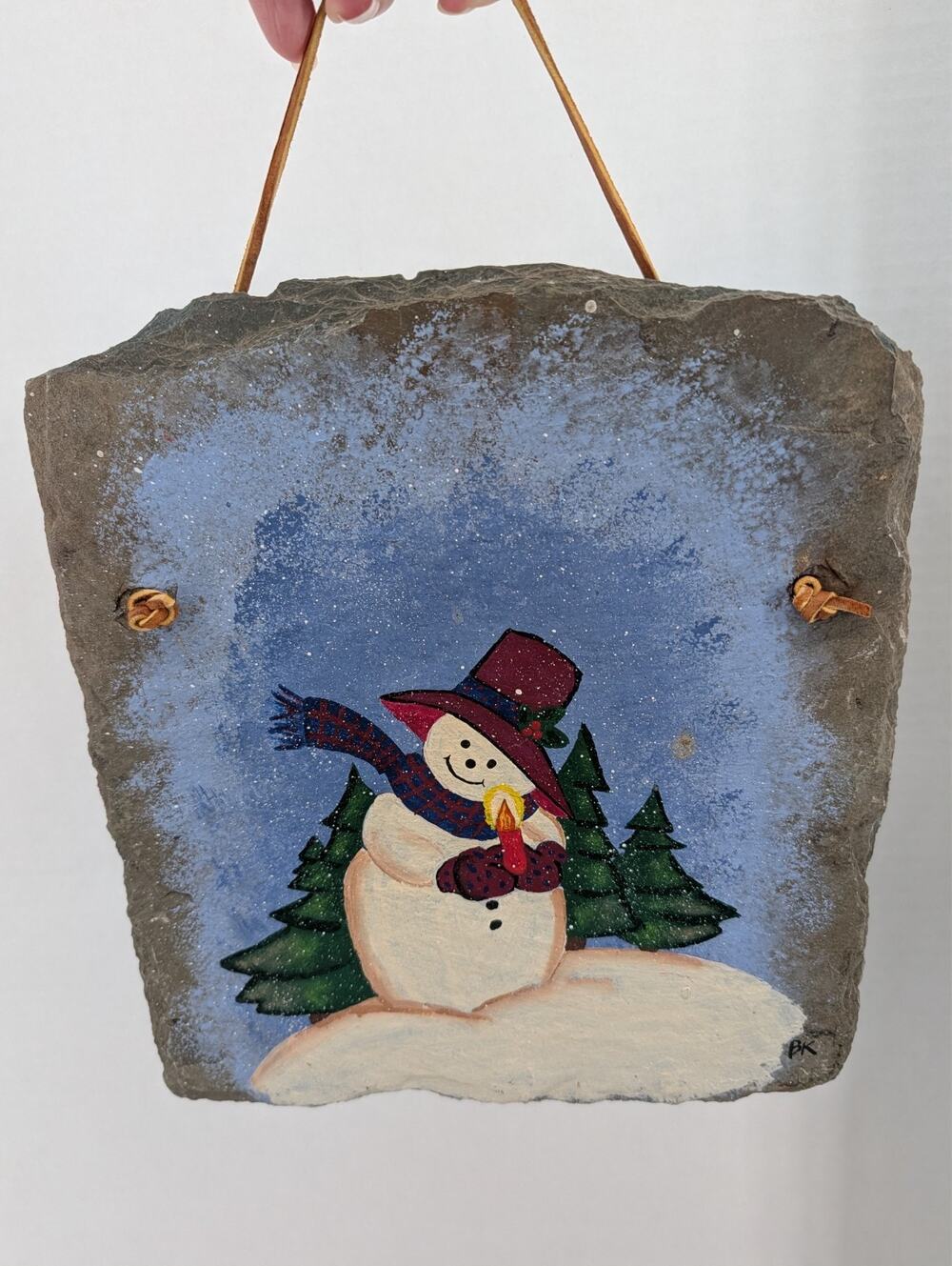 Hand Painted Slate Christmas Snowman Hanging Sign 10" X 9" Winter Signed Vintage